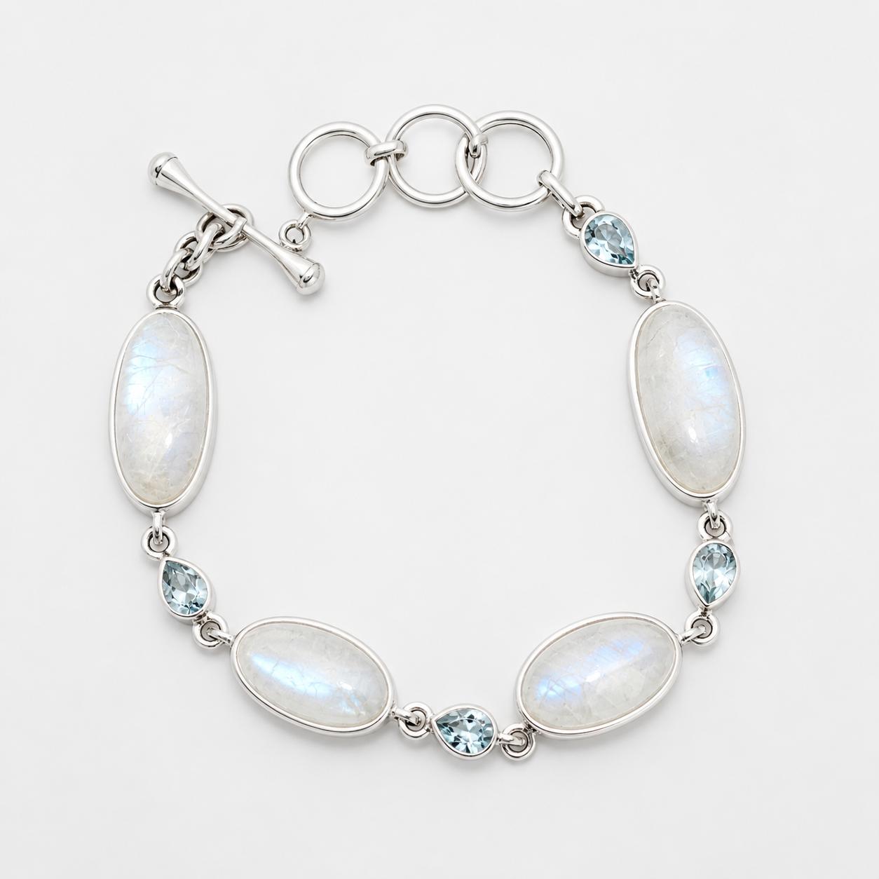 SILVER BLUE TOPAZ & MOONSTONE BRACELET WITH FOB