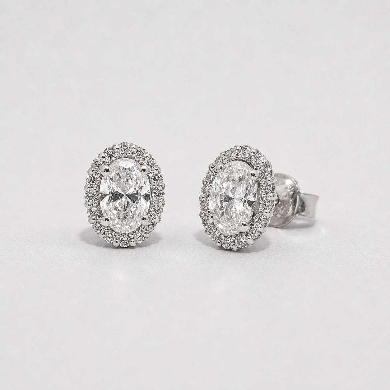 9CT WG LGD OVAL HALO EARRINGS 2OV 1.07CT 32LGD 0.23CT GH SI