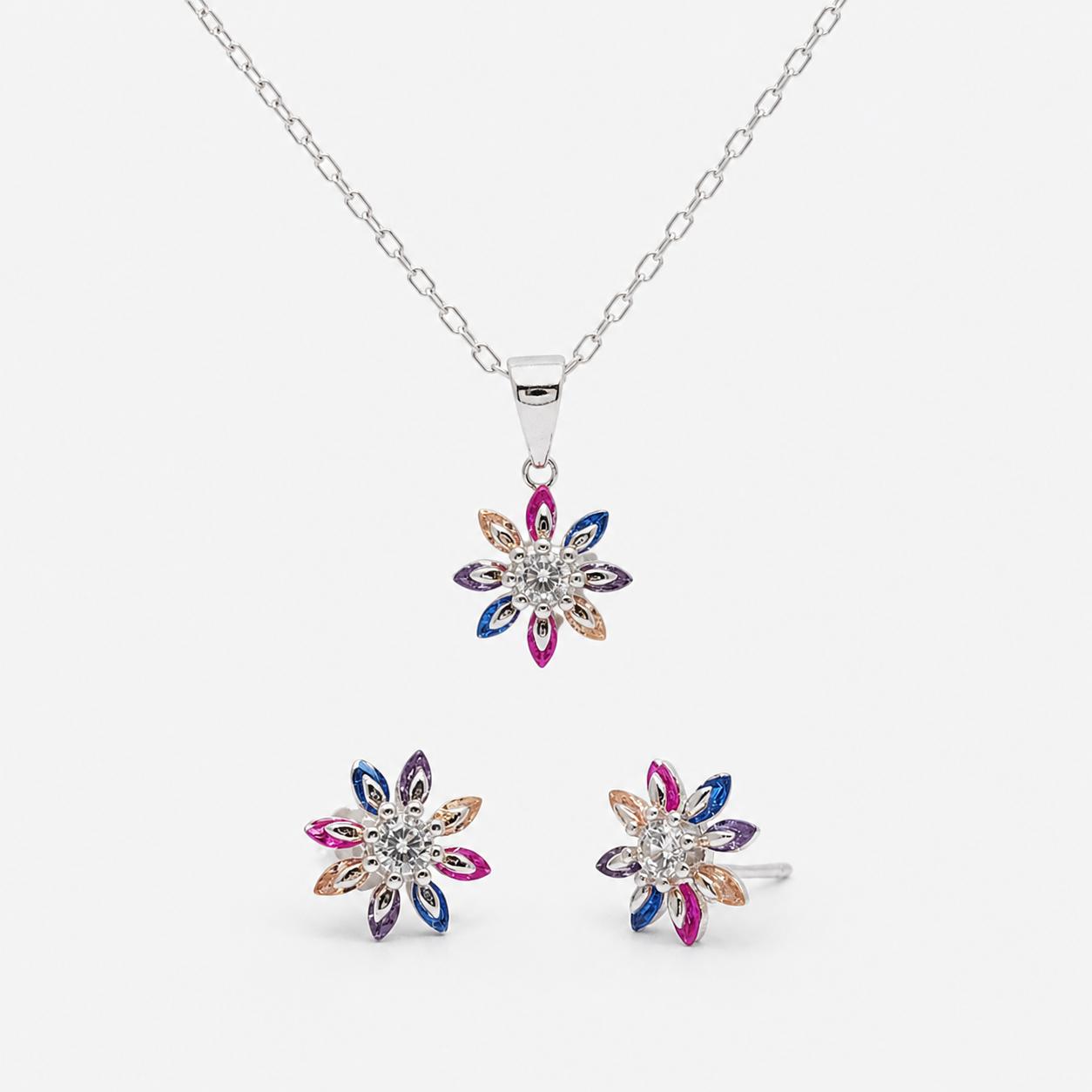 SILVER MULTI COL CZ PENDANT & EARRING SET