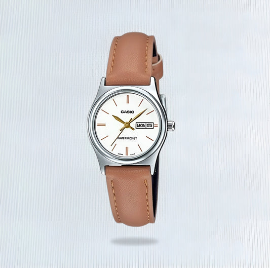 Casio Analogue Wht Dial On Brn Lthr