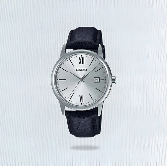 Casio Analogue Grey Dial/Roman Num On Blk Lthr