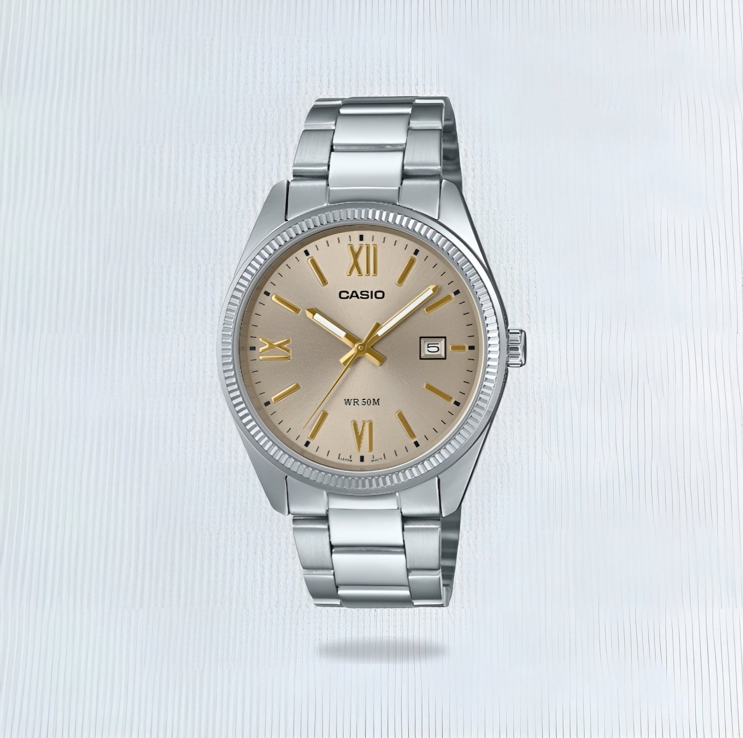 Casio Analogue S/Steel Beige Dial Gold Indices