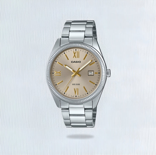 Casio Analogue S/Steel Beige Dial Gold Indices