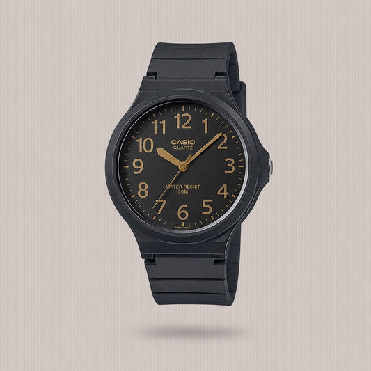 CASIO ANALOGUE GOLD NUM, BLK DIAL RESIN MW-240-1B2VDF