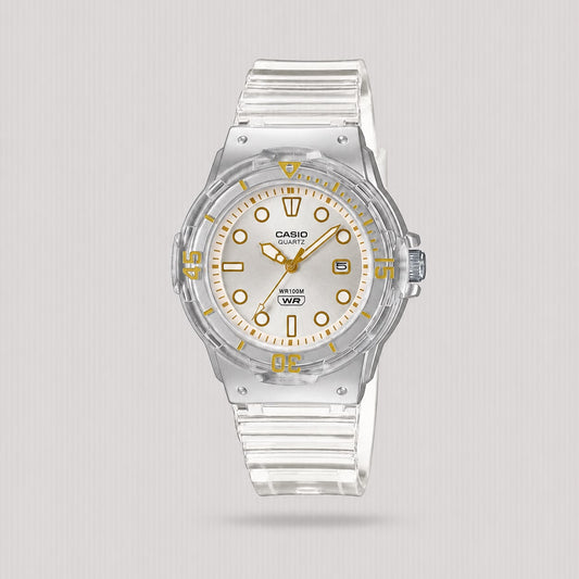 CASIO ANALOGUE SILVER/GOLD DIAL ON TRANS STRAP LRW-200HS-7EVDF