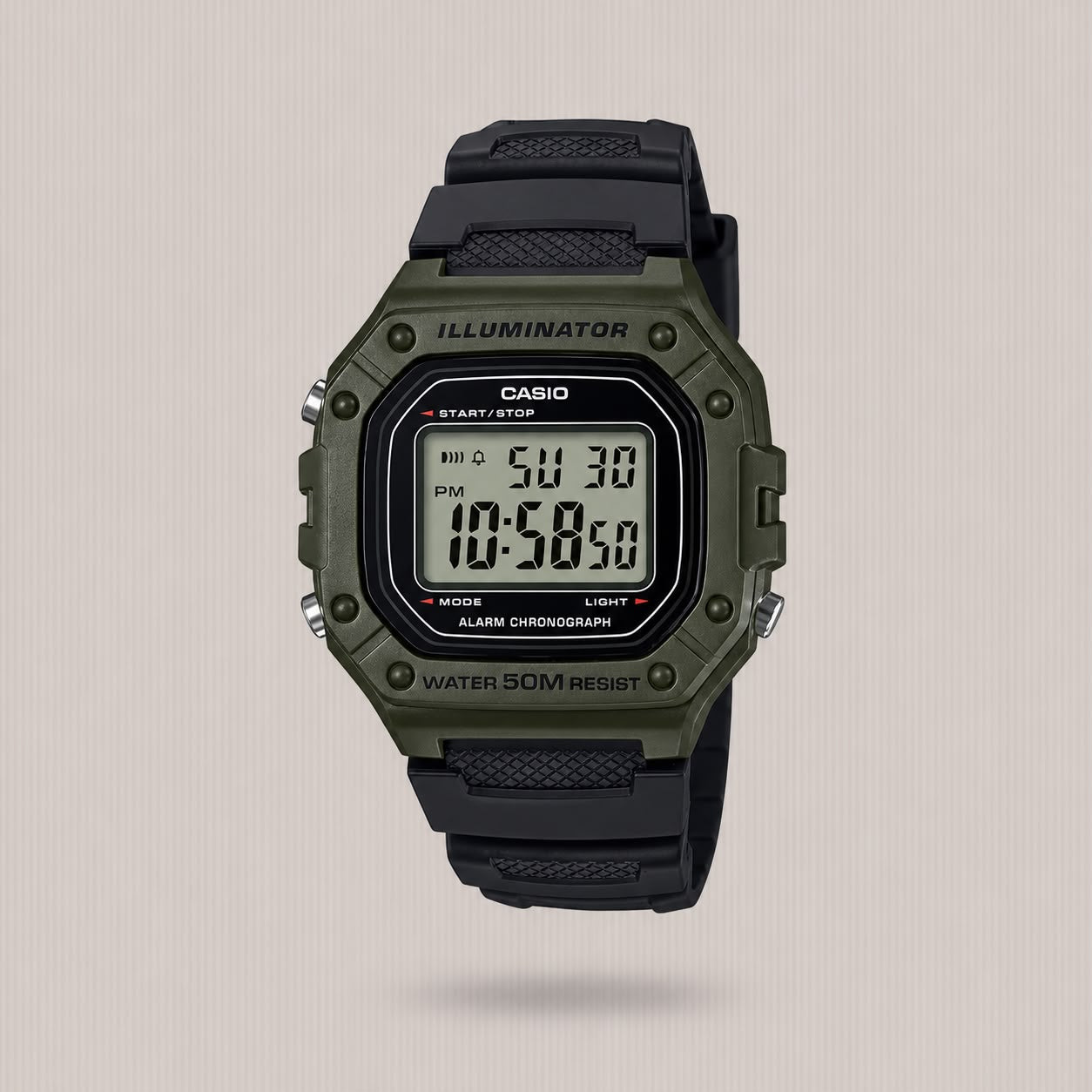 CASIO DIGITAL GREEN CASE BLK STRAP W-218H-3AVDF