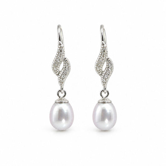 SILVER PEARL & CZ FANCY DROP EARRINGS