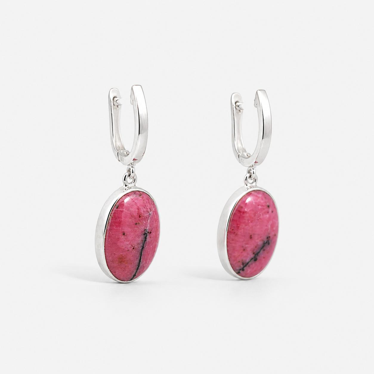 SILVER OVAL RHODONITE DROP EARRINGS