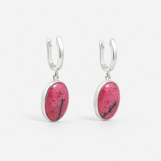SILVER OVAL RHODONITE DROP EARRINGS