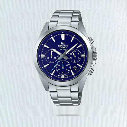 Casio Edifice Silver Analogue Watch With Blu Dial