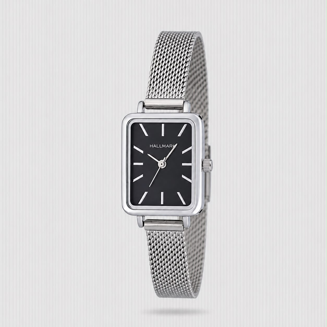 HALLMARK LADIES SILVER WITH BLK RECT DIAL ON MESH