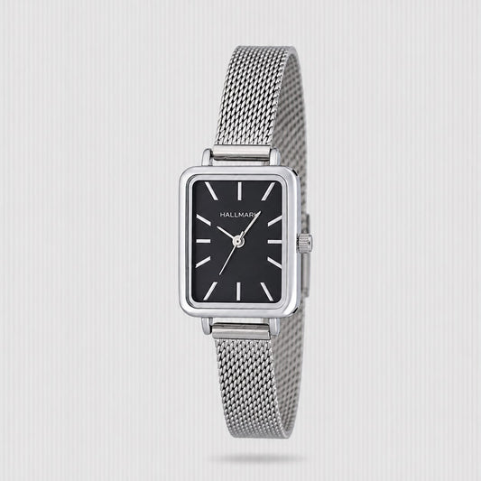 HALLMARK LADIES SILVER WITH BLK RECT DIAL ON MESH