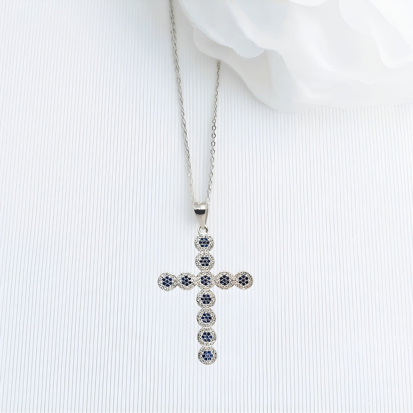 Silver blue/white cubic zirconia cross pendant