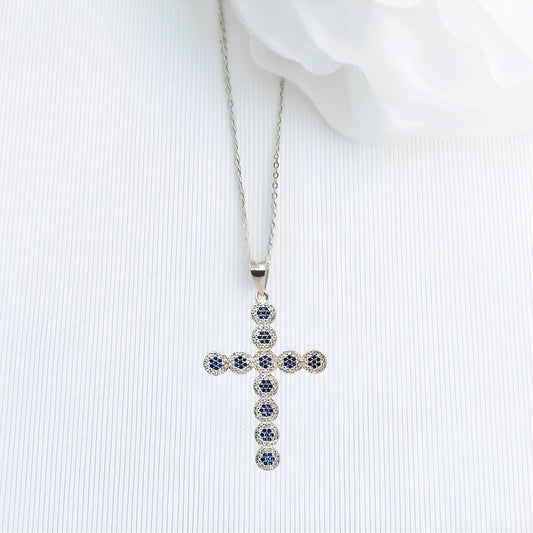 Silver blue/white cubic zirconia cross pendant