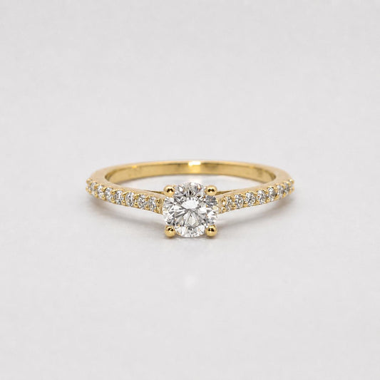 9CT YG ENGAGEMENT RING 1LGD 0.50CT 16LG = 0.17CT E/F VS