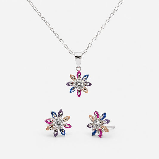 SILVER MULTI COL CZ PENDANT & EARRING SET